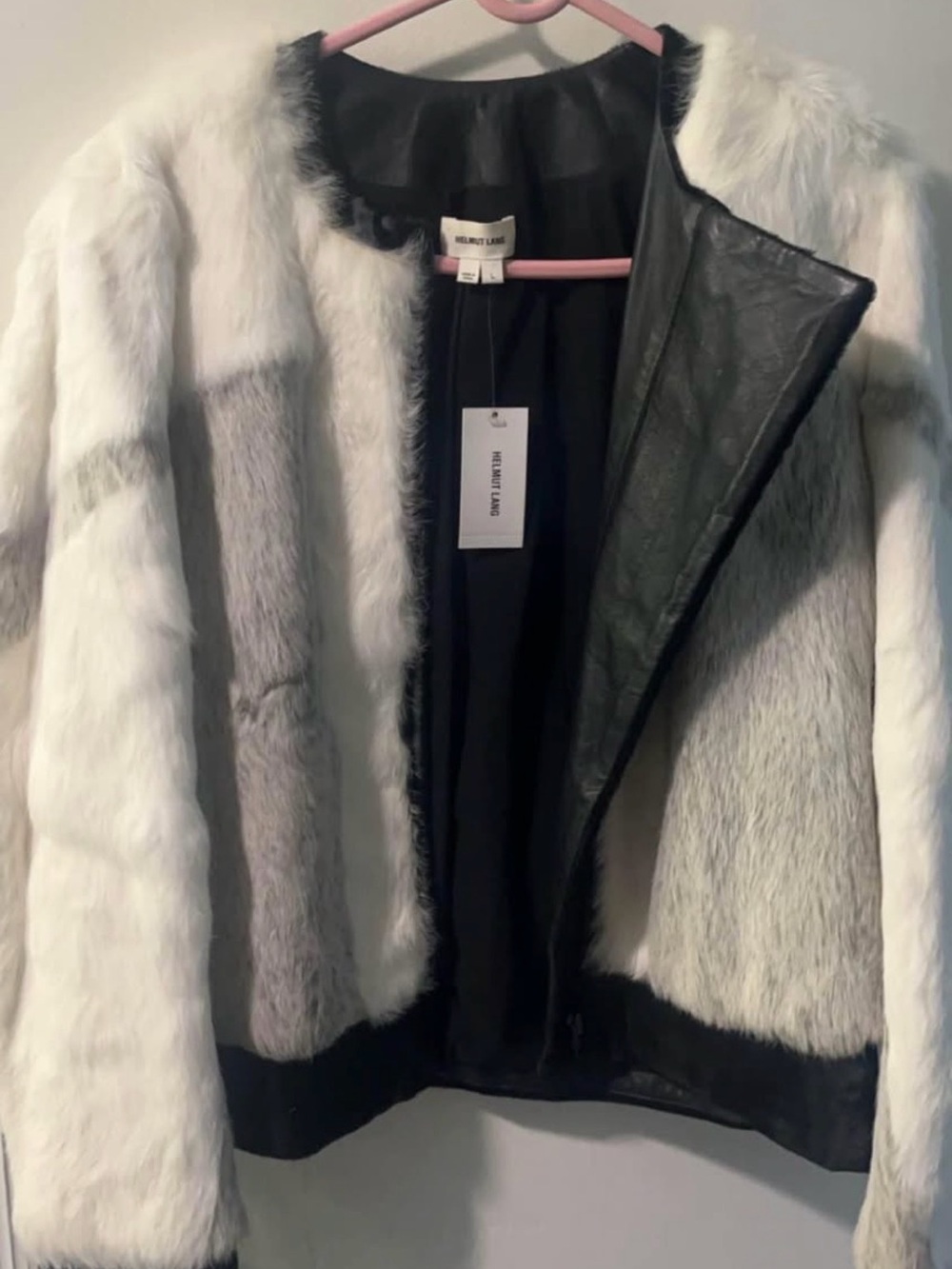 Helmut Lang White and Light Gray Fur Bomber Jacket with Black Trim